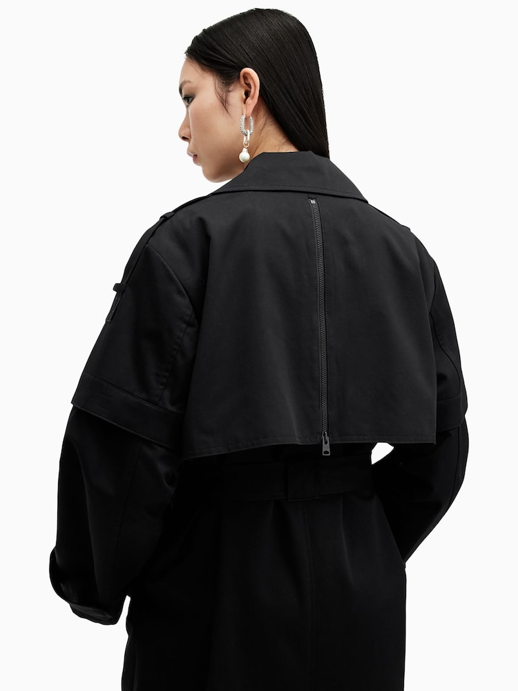 AllSaints Black 100% Cotton Clyde Trench Coat - Image 4 of 7