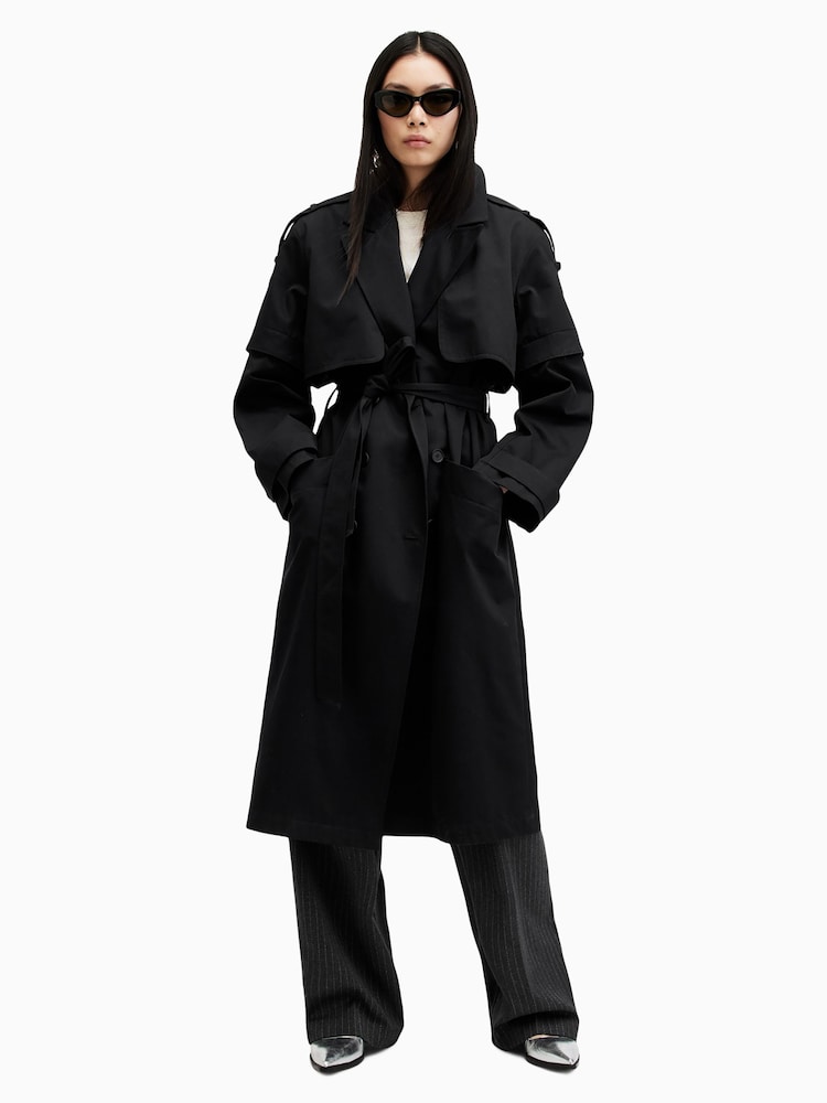 AllSaints Black 100% Cotton Clyde Trench Coat - Image 5 of 7