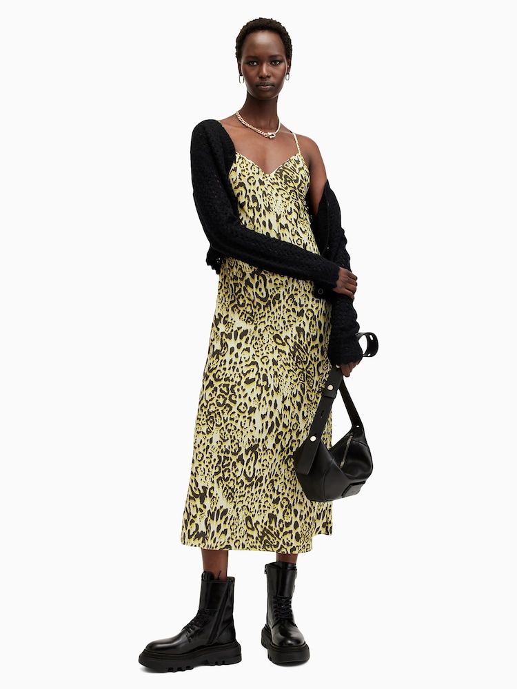 AllSaints Green Leopard Print Bryony Dress - Image 1 of 6