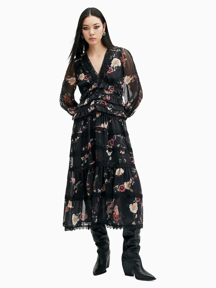 AllSaints Black Zora Midi Dress - Image 1 of 6