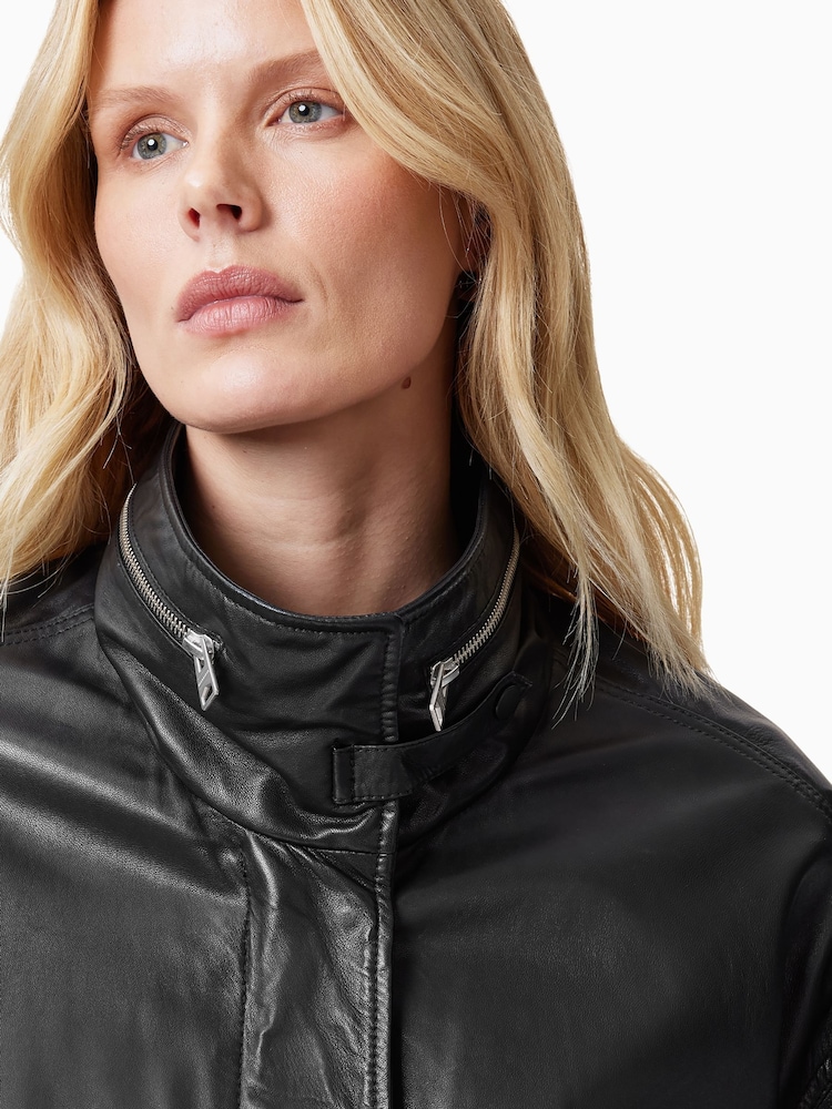 AllSaints Black Clay Black Funnel Neck Cropped Leather Jacket - Image 2 of 6 AllSaints Black Clay Black Funnel Neck Cropped Leather Jacket - Image 2 of 6