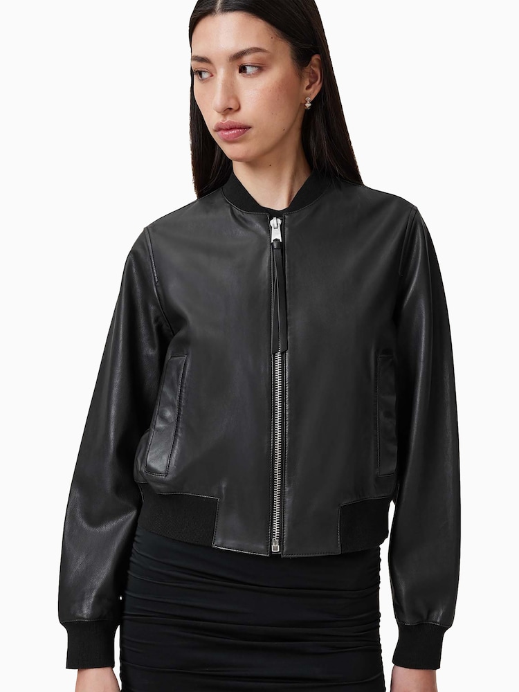 Czarny - AllSaints Orten Black Leather Bomber Jacket - Image 3 of 7