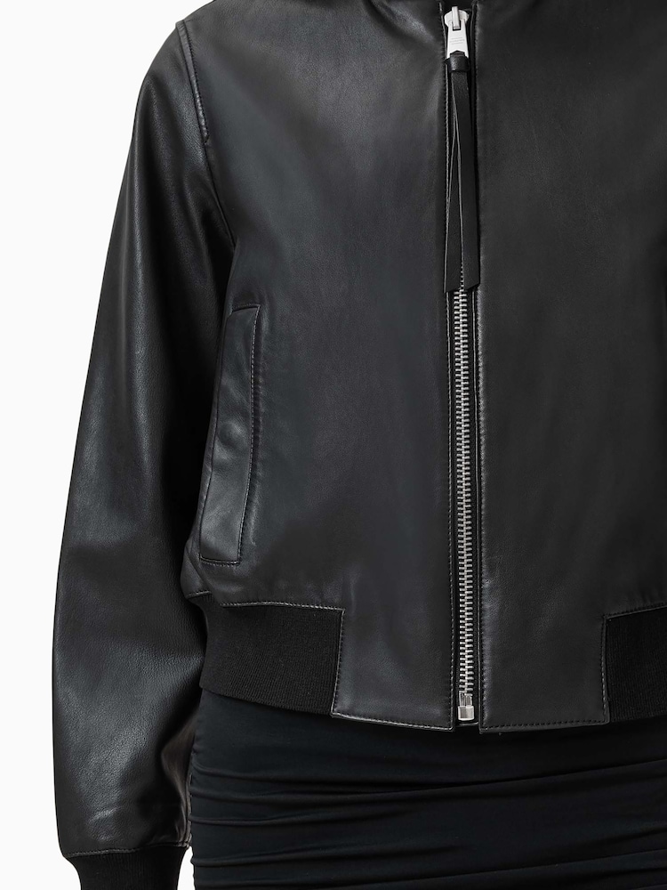 Czarny - AllSaints Orten Black Leather Bomber Jacket - Image 4 of 7
