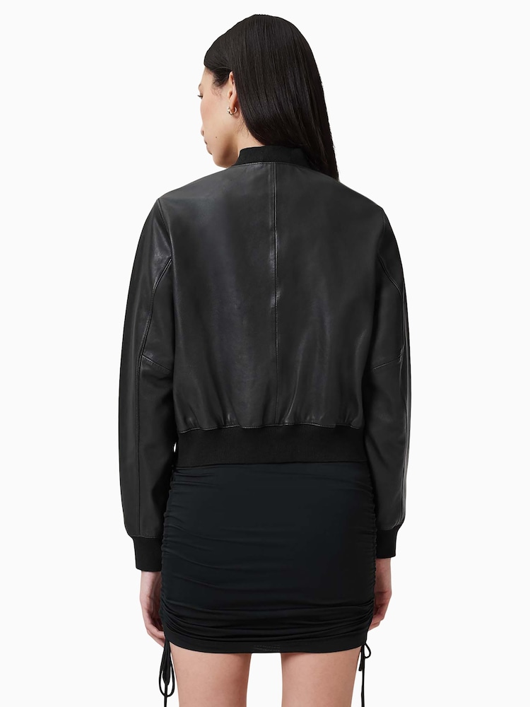 Czarny - AllSaints Orten Black Leather Bomber Jacket - Image 6 of 7