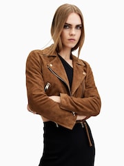 AllSaints Brown Suede Dalby Crop Biker Jacket - Image 1 of 8