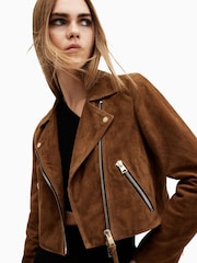 AllSaints Brown Suede Dalby Crop Biker Jacket - Image 4 of 8