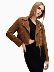 AllSaints Brown Suede Dalby Crop Biker Jacket - Image 5 of 8