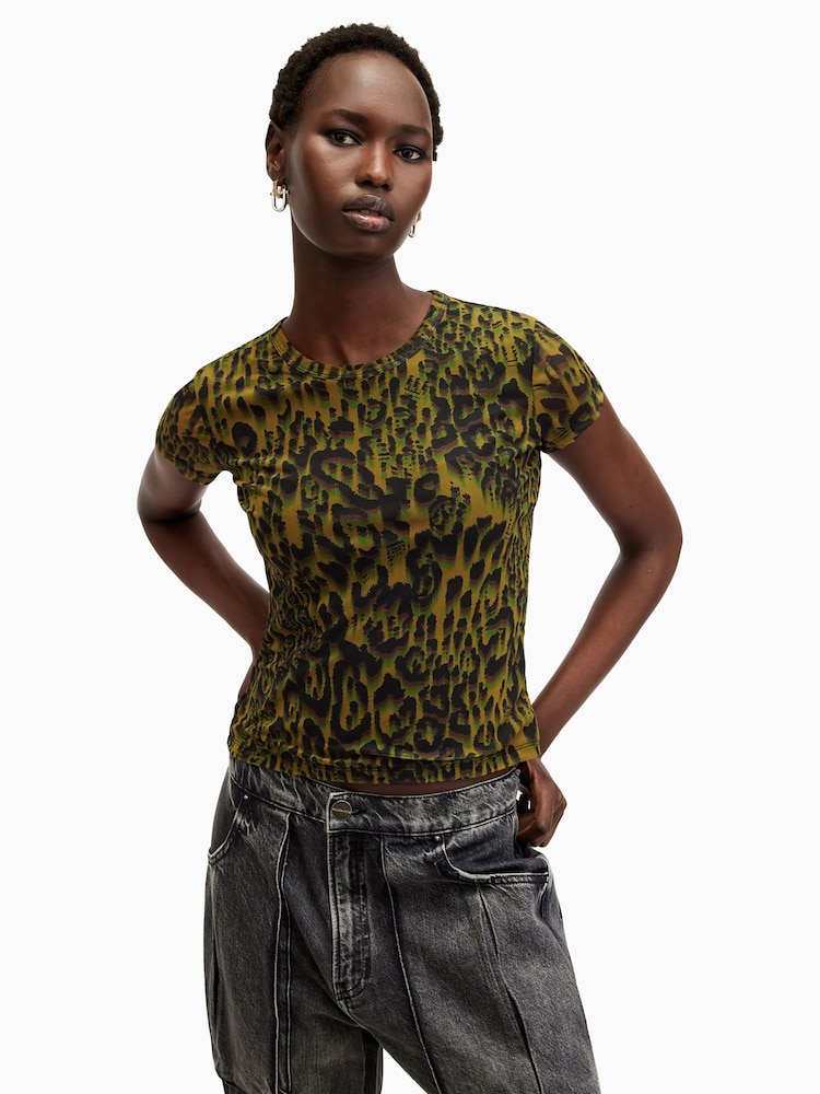 AllSaints Green Leopard Print Ellie Mesh T-Shirt - Image 1 of 8
