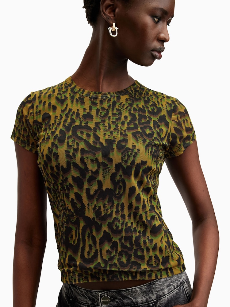 AllSaints Green Leopard Print Ellie Mesh T-Shirt - Image 2 of 8