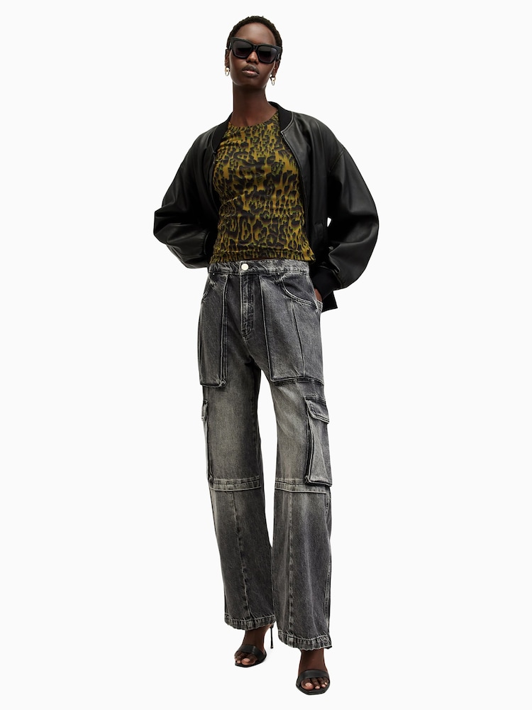 AllSaints Green Leopard Print Ellie Mesh T-Shirt - Image 3 of 8