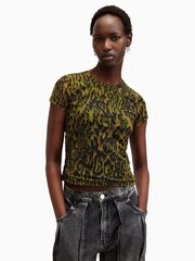 AllSaints Green Leopard Print Ellie Mesh T-Shirt - Image 4 of 8
