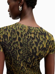 AllSaints Green Leopard Print Ellie Mesh T-Shirt - Image 6 of 8