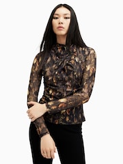 AllSaints Brown Tia Mesh Top - Image 1 of 7