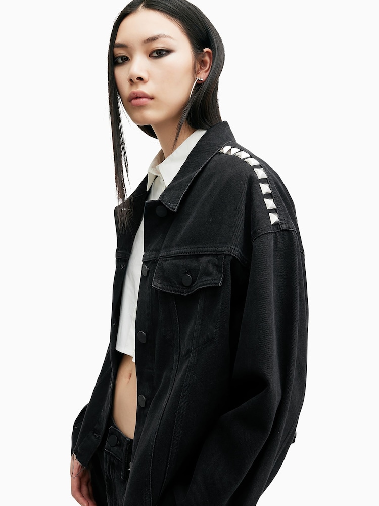 AllSaints Black Piper Stud Shacket - Image 2 of 7