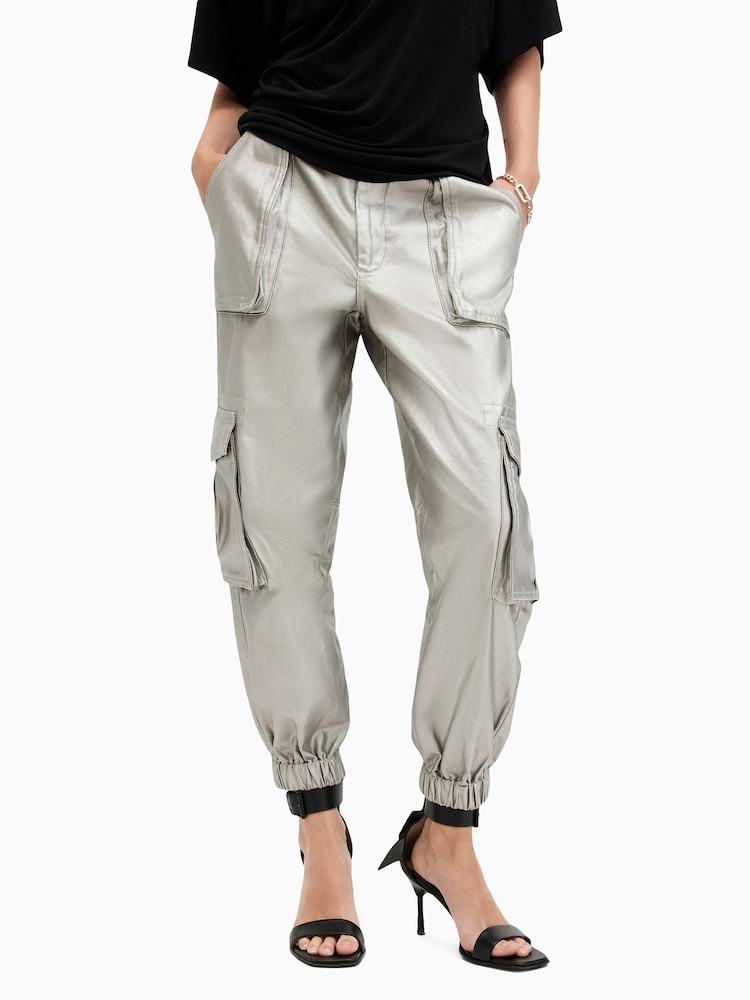 AllSaints Grey 100% Cotton Freda Coated Trousers - Image 2 of 7
