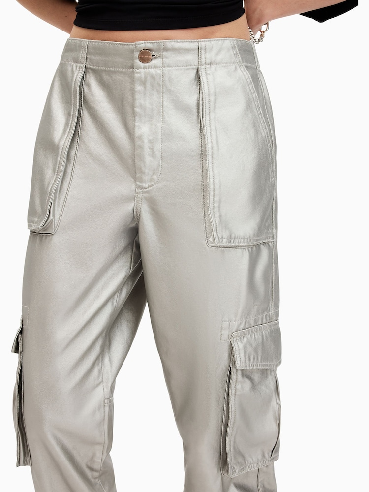 AllSaints Grey 100% Cotton Freda Coated Trousers - Image 3 of 7