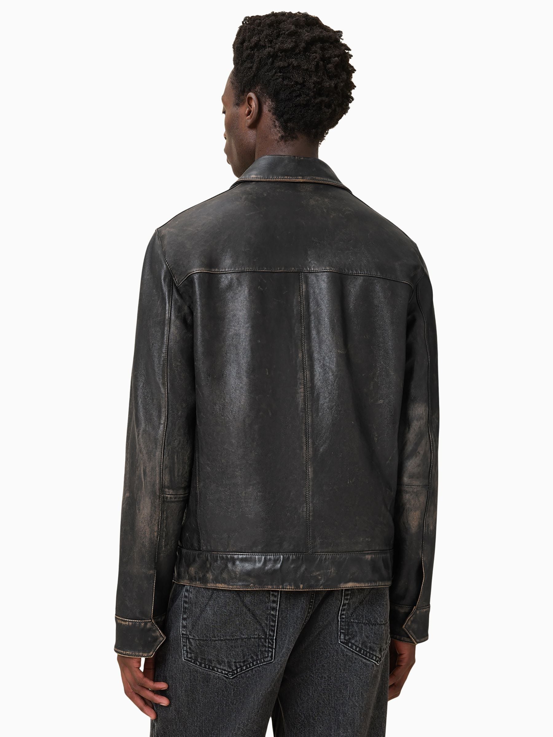 Buy AllSaints Black Alkan Black Collared Zip Up Two Tone Leather