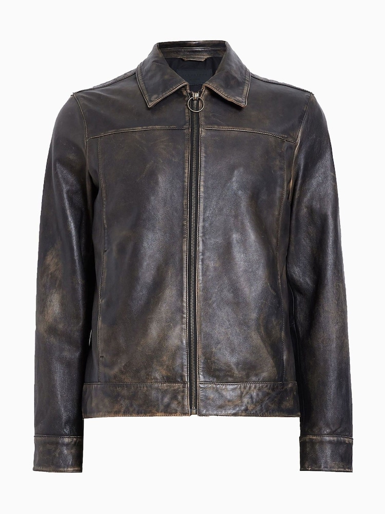 AllSaints Black Alkan Black Collared Zip Up Two Tone Leather Jacket - Image 12 of 12