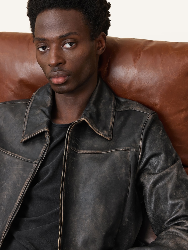 AllSaints Black Alkan Black Collared Zip Up Two Tone Leather Jacket - Image 2 of 11 AllSaints Black Alkan Black Collared Zip Up Two Tone Leather Jacket - Image 2 of 11