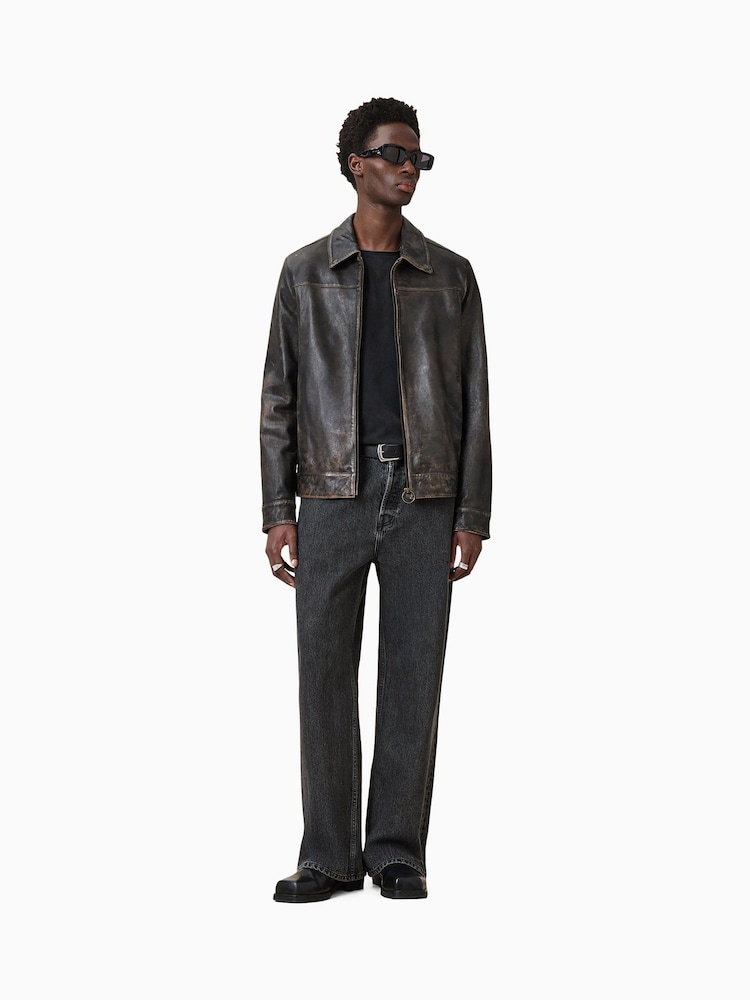 AllSaints Black Alkan Black Collared Zip Up Two Tone Leather Jacket - Image 3 of 11