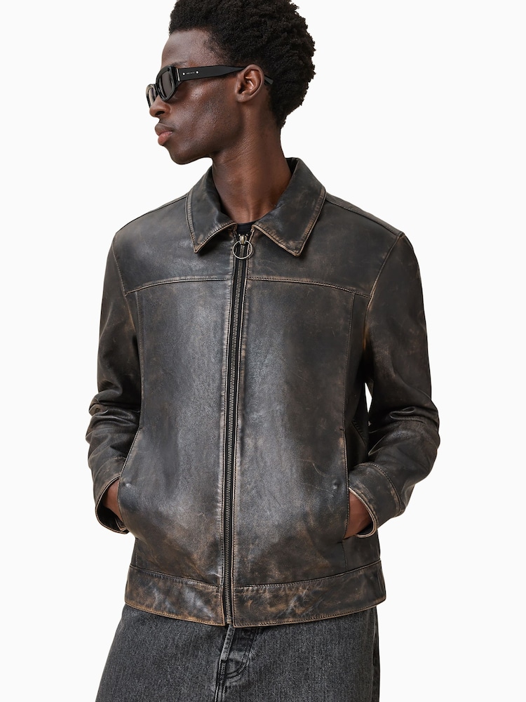 AllSaints Black Alkan Black Collared Zip Up Two Tone Leather Jacket - Image 4 of 11