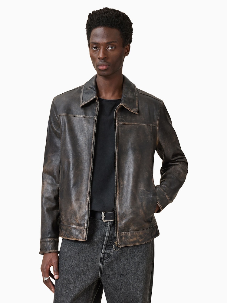 AllSaints Black Alkan Black Collared Zip Up Two Tone Leather Jacket - Image 7 of 11
