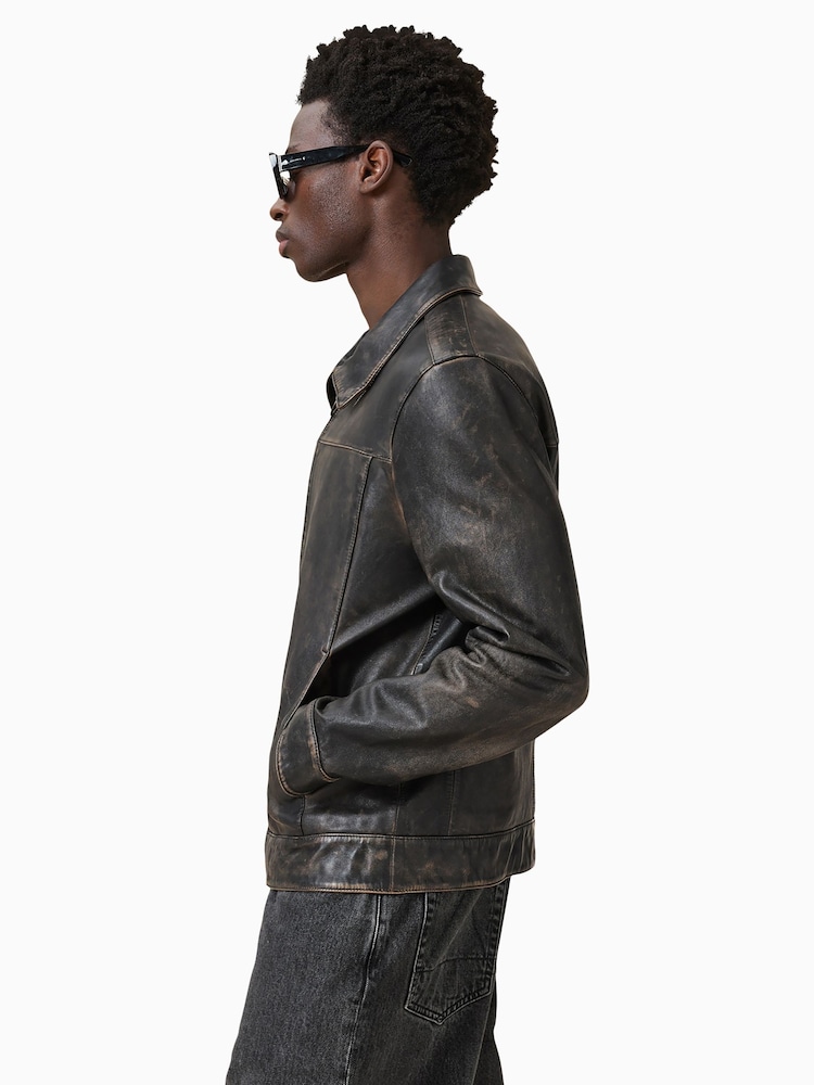 AllSaints Black Alkan Black Collared Zip Up Two Tone Leather Jacket - Image 9 of 11