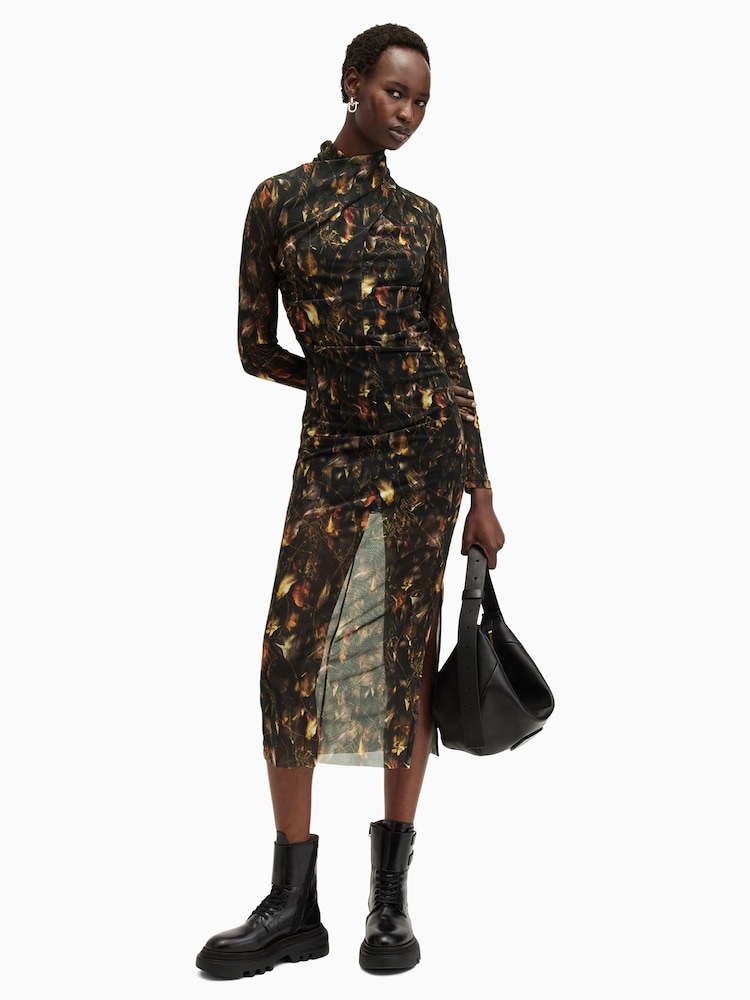 AllSaints Brown Tia Mesh Dress - Image 1 of 7