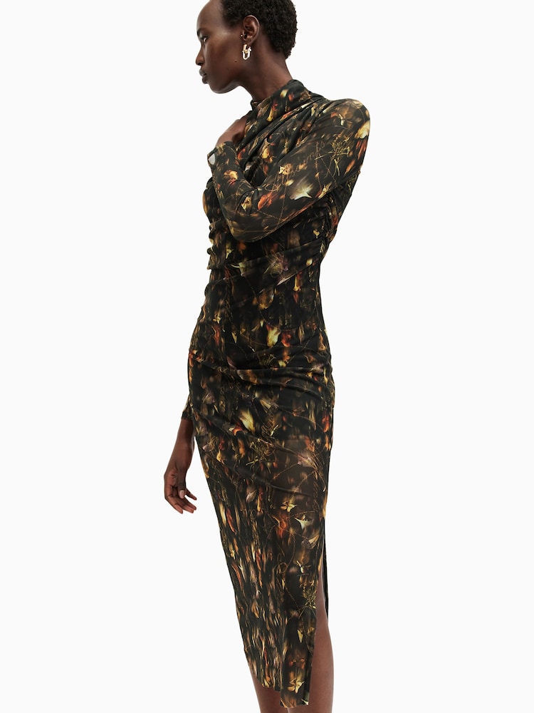AllSaints Brown Tia Mesh Dress - Image 2 of 7