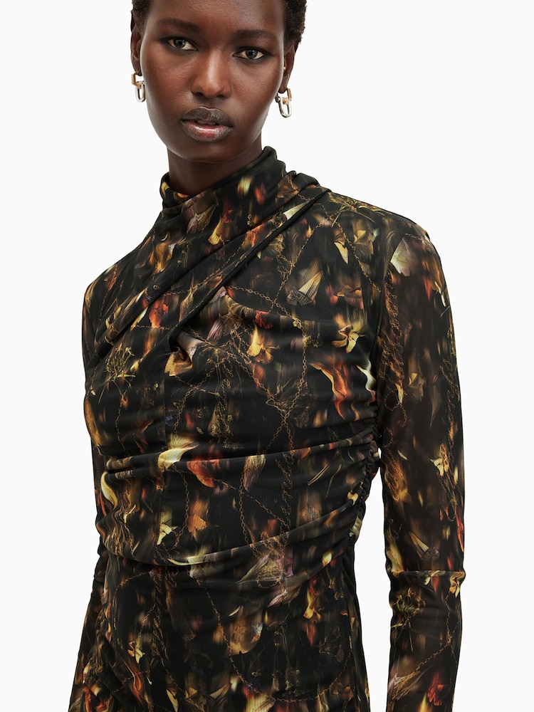 AllSaints Brown Tia Mesh Dress - Image 3 of 7