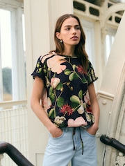 Kew bleu marine/rose fleuri Kew - T-shirt à manches courtes à ourlet 100% coton - Image 2 of 7