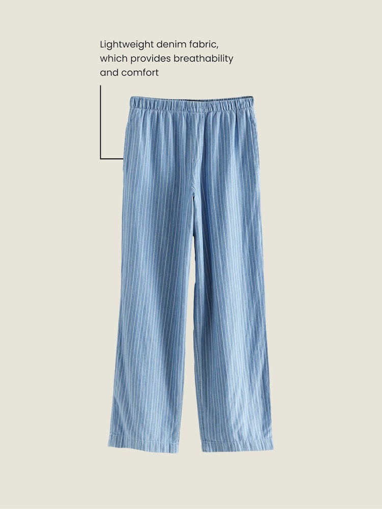 Blue Striped 100% Cotton Lightweight Wide Leg Trousers - Image 4 of 7