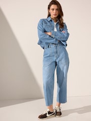 Mid Blue 100% Cotton Stripe Cropped Wide leg Jeans - Image 1 of 5