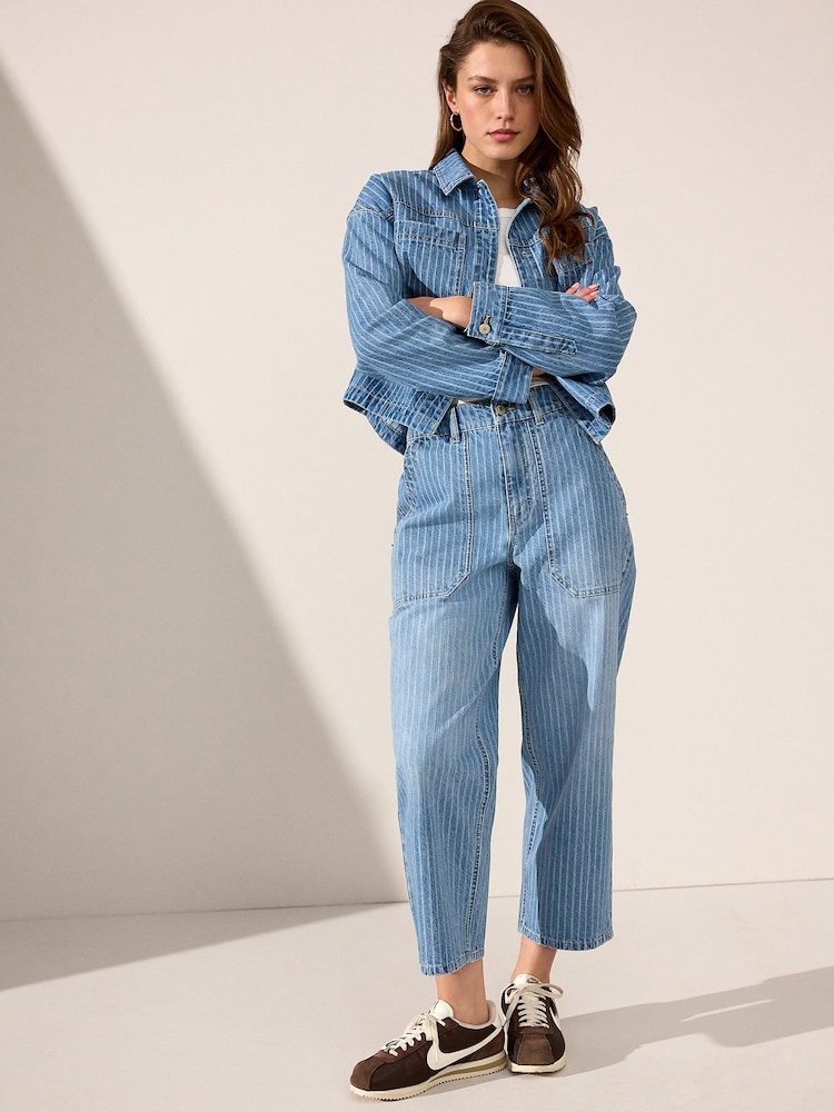 Mid Blue 100% Cotton Stripe Cropped Wide leg Jeans - Image 1 of 5