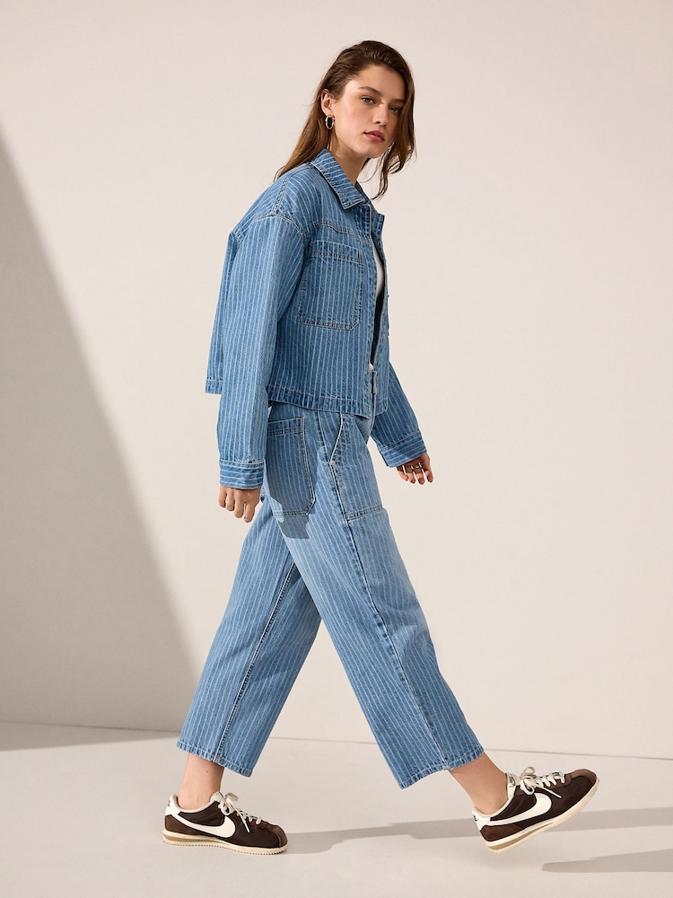 Mid Blue 100% Cotton Stripe Cropped Wide leg Jeans - Image 2 of 5