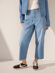 Mid Blue 100% Cotton Stripe Cropped Wide leg Jeans - Image 3 of 5