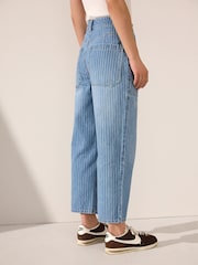 Mid Blue 100% Cotton Stripe Cropped Wide leg Jeans - Image 4 of 5