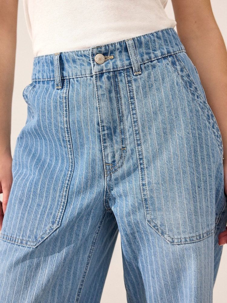 Mid Blue 100% Cotton Stripe Cropped Wide leg Jeans - Image 5 of 5