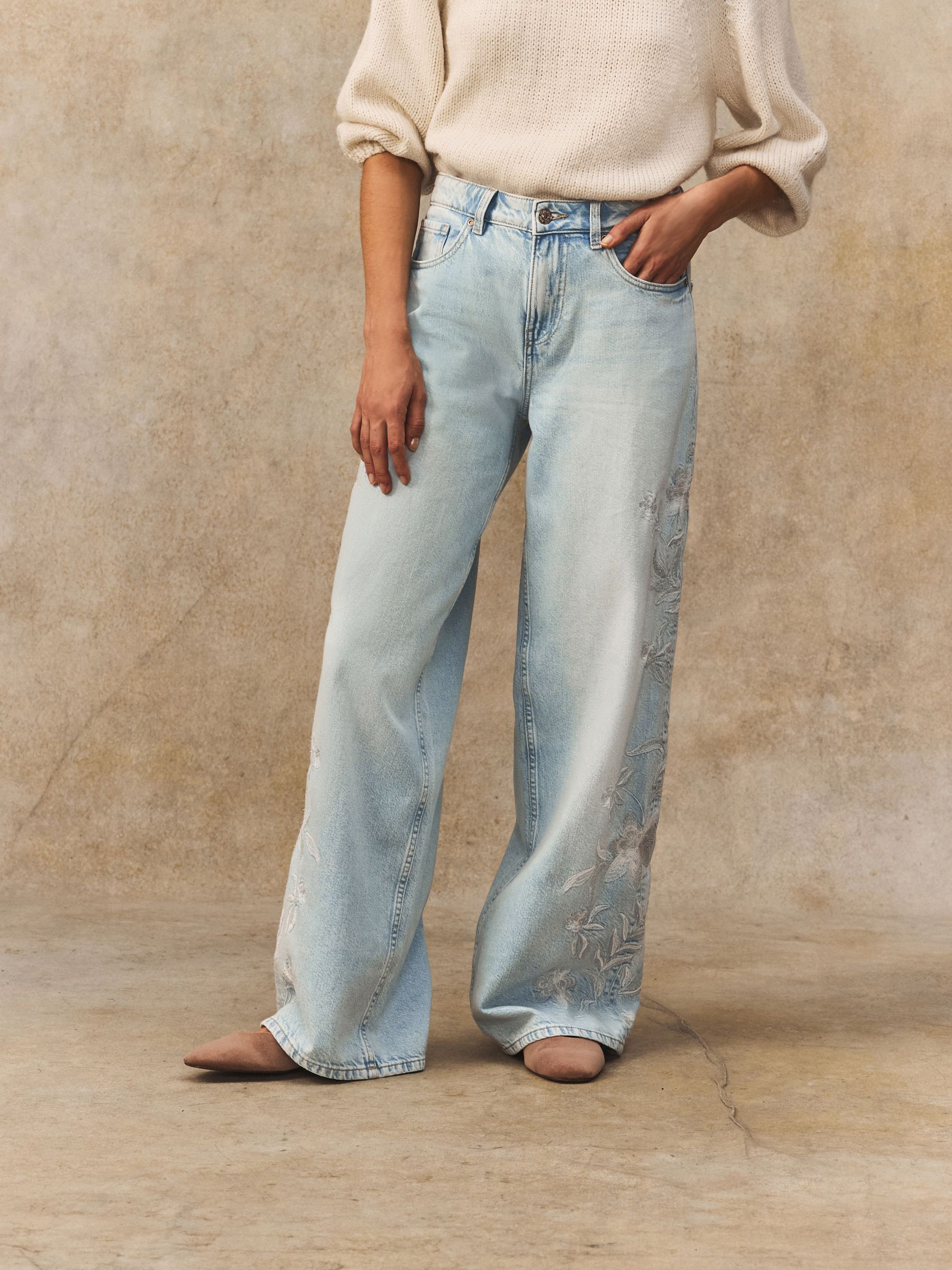 Sunset Stitch Embroidered Wide Leg Jeans