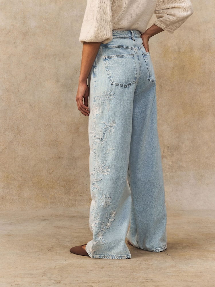 Bleach 100% Cotton Embroidered Wide Leg Jeans - Image 4 of 8