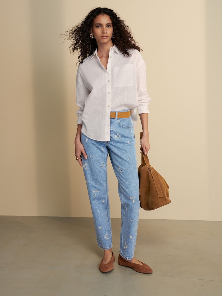 Embroidered Floral Blue - 100% katoenen mom jeans met rechte pijpen - Image 3 of 8