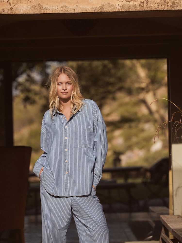 Rayure bleu moyen - Chemise légère en jean 100% coton - Image 2 of 7