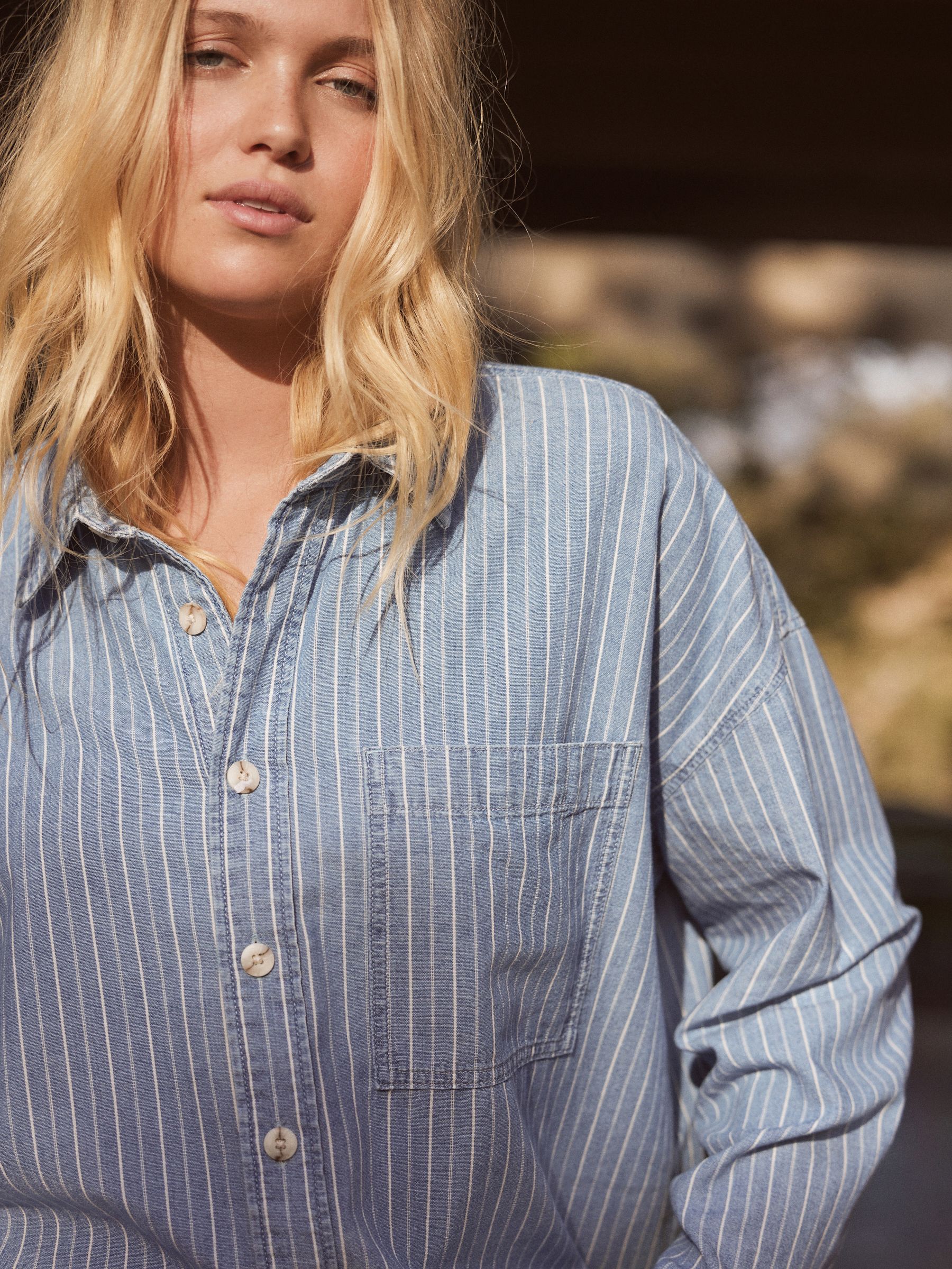 Buy Mid Blue Stripe Lightweight 100% Cotton Denim Shirt from Next