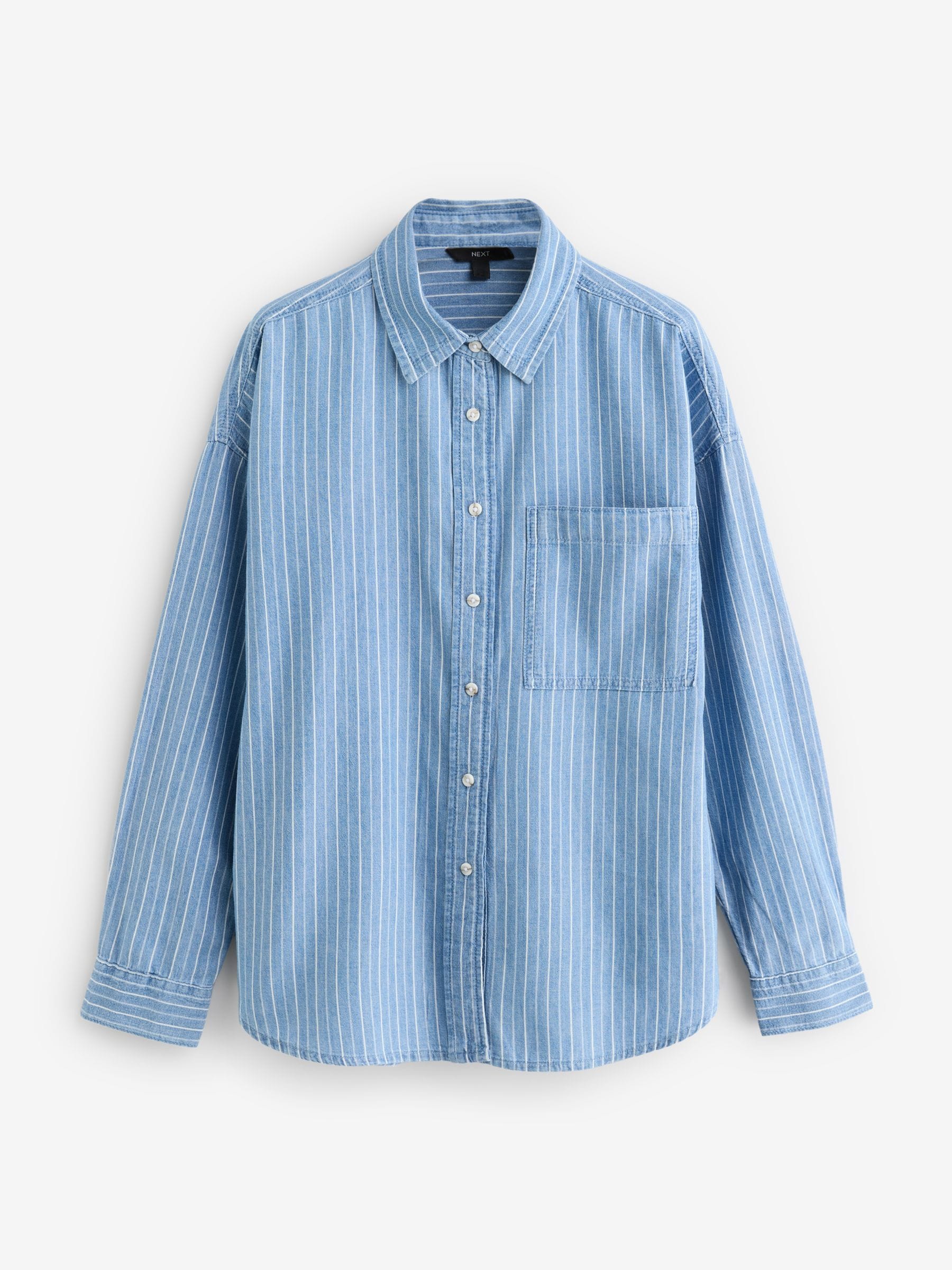 Buy Mid Blue Stripe Lightweight 100% Cotton Denim Shirt from Next