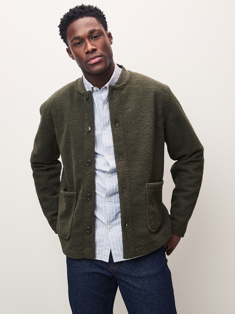 Khaki Green Borg Fleece Button Through Cardigan Shacket - Image 1 of 10