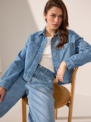 Mid Blue 100% Cotton Stripe Denim Shacket - Image 1 of 8