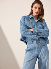 Mid Blue 100% Cotton Stripe Denim Shacket - Image 3 of 8