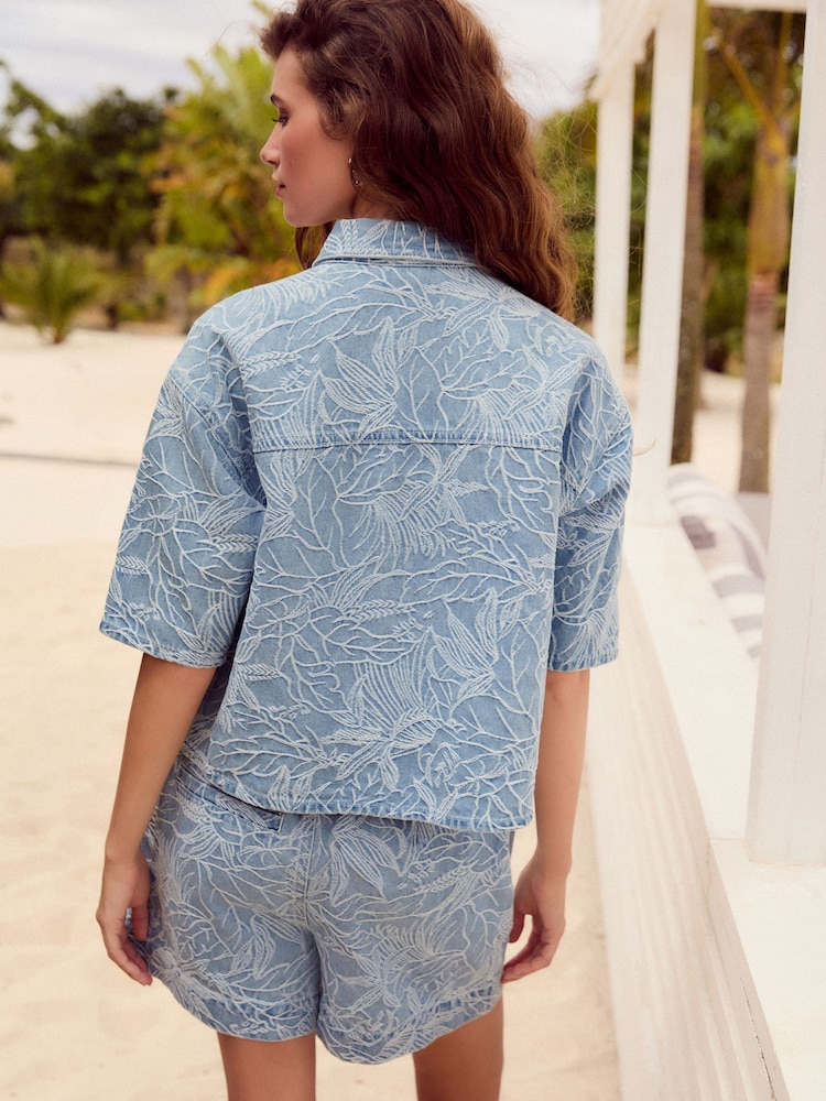 Leaf Jacquard 100% Cotton Cropped Denim Shirt - Image 3 of 8