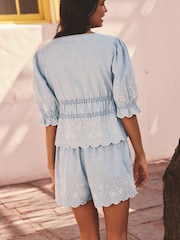 Blue Embroidered 100% Cotton Tie Front Lightweight Denim Top - Image 2 of 8