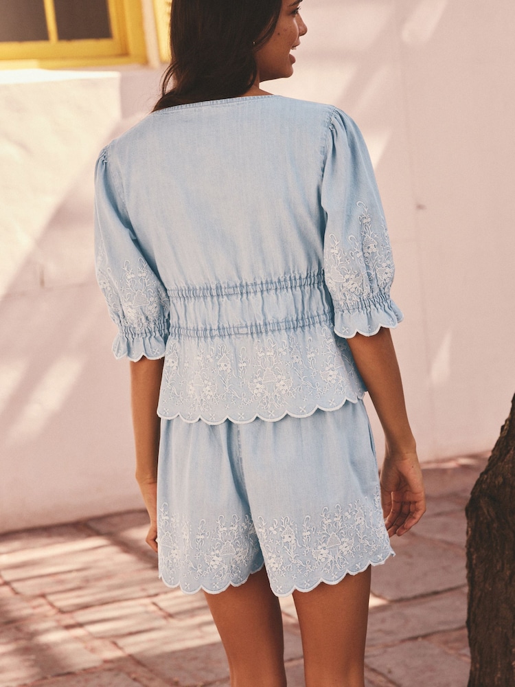 Blue Embroidered 100% Cotton Tie Front Lightweight Denim Top - Image 2 of 8